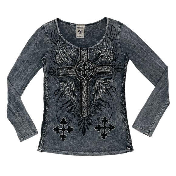 Vocal Cross Logo Tee Gray Black Medium Long Sleeve Goth Grunge Punk Edgy - Picture 1 of 12